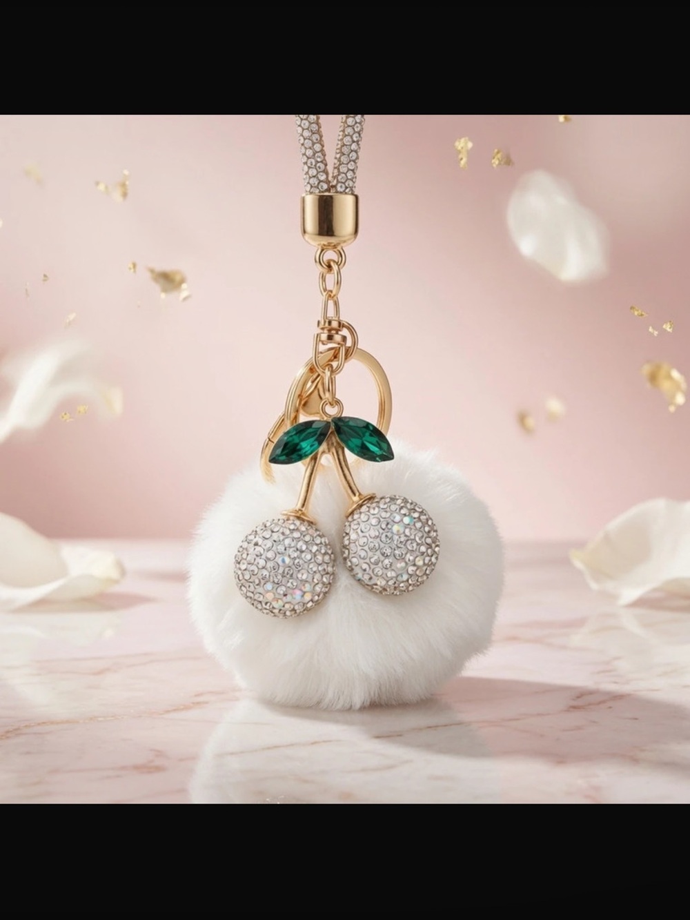 White Cherry Pom Pom Bag Charm Wristlet Keychain - Picture 2 of 3